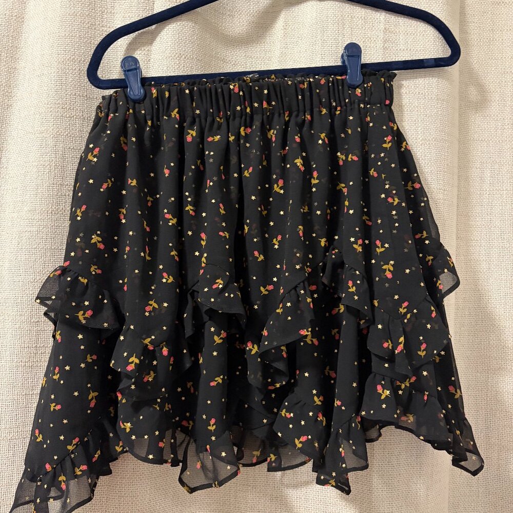 For Love and Lemons Black Ruffle Mini Skirt With Floral Print